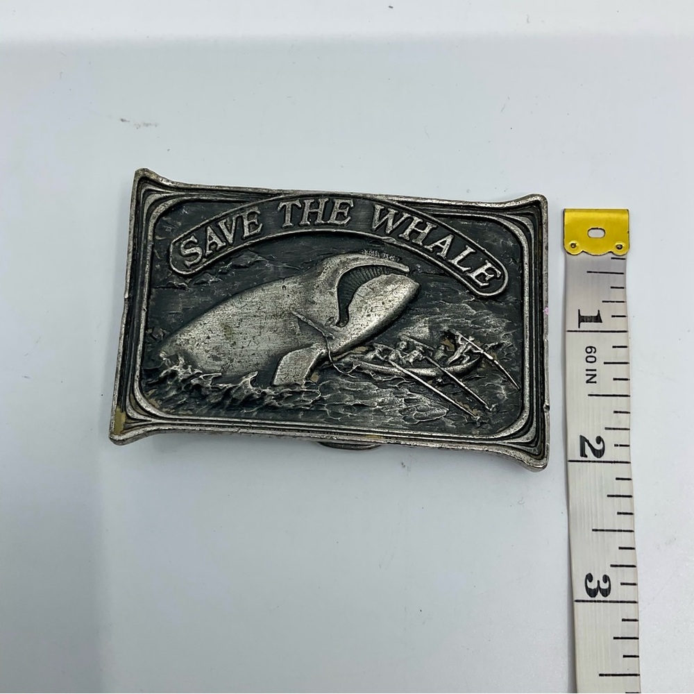 Vintage 70s Bergamot Brass Works Save the Whale Pewter Belt Buckle - Picture 4 of 6